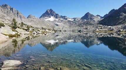 Tranquil Mountain Lake Surrounded by Tall Snow-Capped Peaks with a Glass-Like Surface Reflecting the Clear Sky and Rugged Landscape. AI generated illustration
