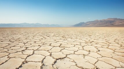 Vast, Desolate Landscape of Cracked Earth and Salt Flats with Distant Mountains and a Cloudless Sky. AI generated illustration