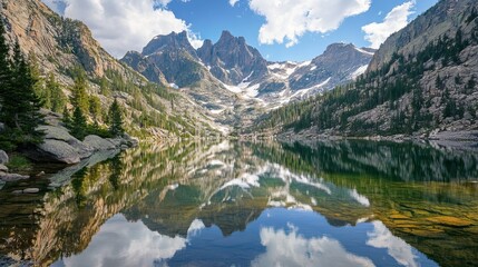Tranquil Mountain Lake Surrounded by Tall Snow-Capped Peaks with a Glass-Like Surface Reflecting the Clear Sky and Rugged Landscape. AI generated illustration