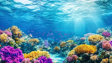 Vibrant Coral Garden Beneath a Tropical Sea with Colorful Corals and Schools of Fish Swimming Through Crystal-Clear Water. AI generated illustration