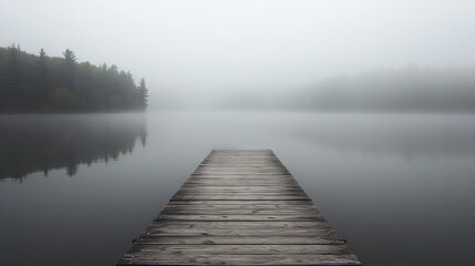 Weathered Wooden Pier Extending into a Foggy Lake with Calm Waters and Dense Forest Barely Visible in the Distance. AI generated illustration