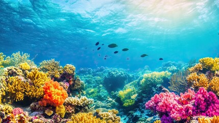 Naklejka premium Vibrant Coral Garden Beneath a Tropical Sea with Colorful Corals and Schools of Fish Swimming Through Crystal-Clear Water. AI generated illustration