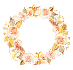 Watercolor vector autumn Brown and orange floral bouquet. Terracotta fall warm watercolor rose and leaves wreath,  floral background template. Dried fall flowers arrangements. 