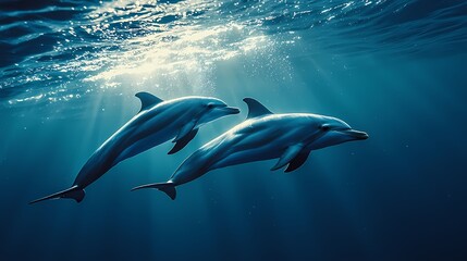 Fototapeta premium A stunning underwater scene featuring two dolphins gracefully swimming in sunlight beams, showcasing marine beauty.