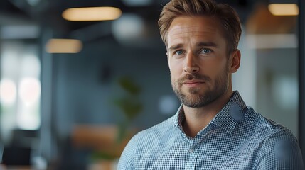 Confident man in a modern office setting, showcasing professionalism and focus in a casual work environment.