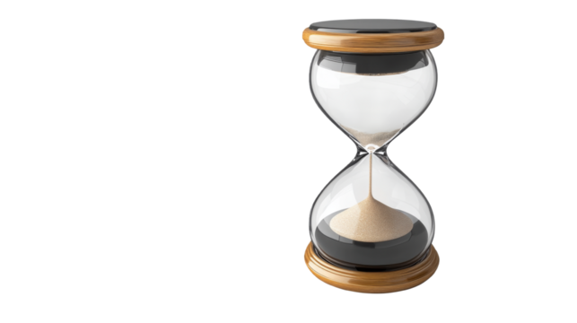 Realistic illustration of an hourglass on a black background, featuring a transparent glass body filled with fine sand, capped with wooden ends, symbolizing the passage of time.