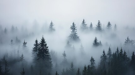 Dense Fog Enveloping a Pine Forest with Only the Tops of the Tallest Trees Visible Through the Mist, Creating a Mysterious Atmosphere. AI generated illustration