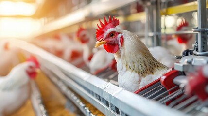 A largescale chicken farm with rows of automated feeding systems, Poultry Production, emphasizing the industrial scale of meat production