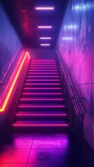 Neon Lit Staircase in a Concrete Corridor