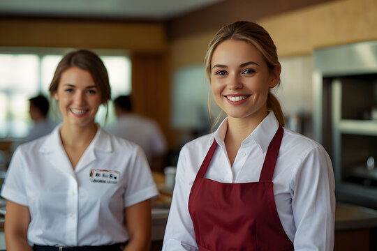 Portrait of smiling waitress standing with arms crossed
