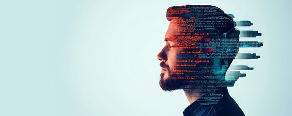 A double exposure image of a man with digital code, symbolizing technology and innovation in the modern world.
