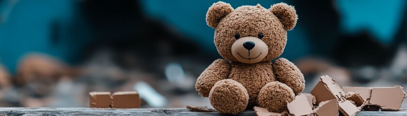 Obraz premium A lonely teddy bear sits amidst scattered blocks, evoking feelings of nostalgia and lost childhood innocence.
