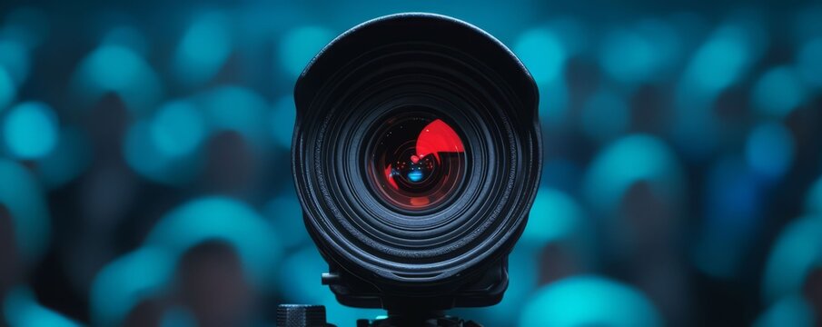 Close-up of a professional camera lens with a striking red reflection, set against a blurred audience background.