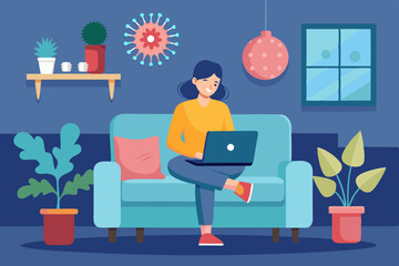 Work at home. A woman sitting on a sofa works at a laptop. Freelance during an outbreak of coronavirus. Quarantine
