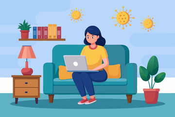 Work at home. A woman sitting on a sofa works at a laptop. Freelance during an outbreak of coronavirus. Quarantine
