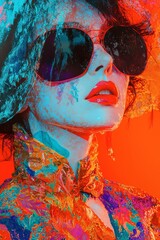A woman with a colorful outfit and sunglasses is the main focus of the image