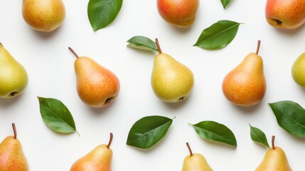Obraz premium Close up pears and leaves on a white background. Pear fruit texture
