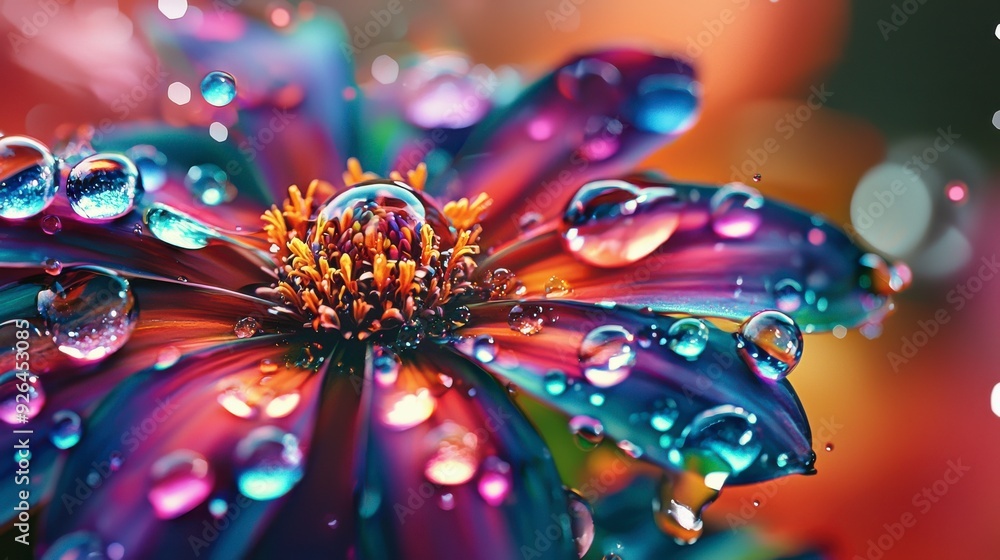 Poster a flower with droplets of water on it. the droplets are of different colors, creating a beautiful an
