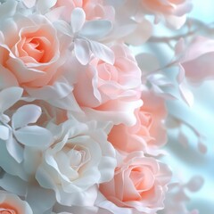 A soft pastel floral background with blooming roses and delicate petals.