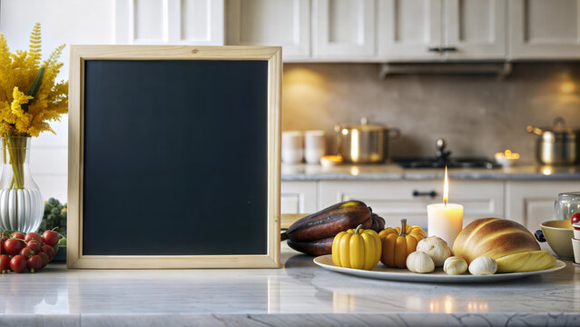 Chalkboard sign in a cozy kitchen with Thanksgiving meal preparation