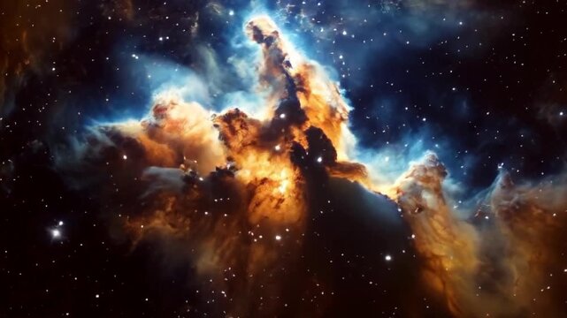 Nebula in slow motion, showcasing a stunning cloud of dust and gas lit by clusters of stars in deep space