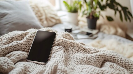 A black cell phone on a beige knitted blanket.