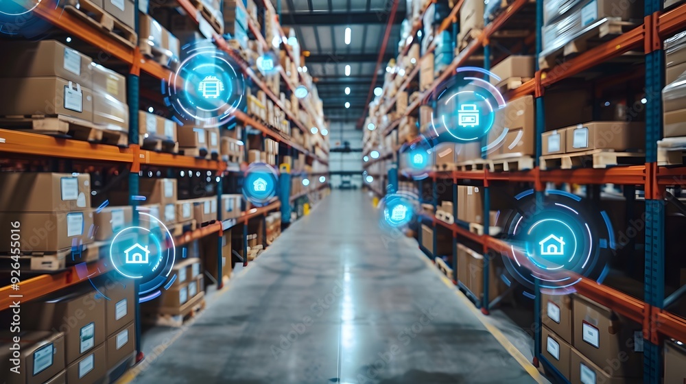 Poster automated smart warehouse with iot sensors optimizing logistics and supply chain