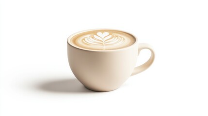 3D single icon of a cappuccino cup with intricate latte art on top, representing a blend of espresso and frothy milk, isolated on a white background