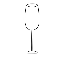 Hand drawn cute outline illustration of empty wineglass. Flat vector alcohol glassware line art doodle style. Alcoholism or heavy drinking. Bar or restaurant party icon. Cocktail menu. Isolated.