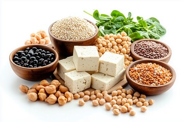 Healthy assortment of legumes, grains, and tofu arranged on a white background