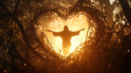 Silhouette of Person in Heart-Shaped Vine at Sunset