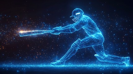 Digital blue low poly cricket player with glowing data streams AI in sports analytics, player performance tracking systems, match prediction algorithms, and training programs. wireframe player design