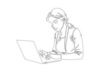 Businesswoman Working Silhouette Line art Vector Illustration. Abstract Black Sketch Illustration of Businesswoman with Laptop for Minimalist Design.