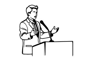 Man Speaker Silhouette Vector Illustration. Sketch Line Drawing of Speaker at Conference. Businessman Black Silhouette on White Background