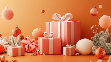 Vibrant Gift Shopping Extravaganza in 3D - Modern Clean Design on Orange Backdrop for High-Quality Presentation