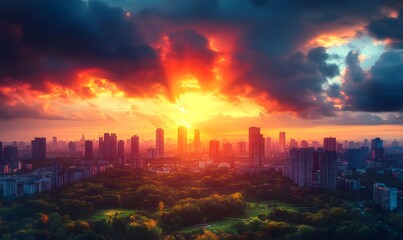 A City Skyline Bathed in Fiery Sunset Hues