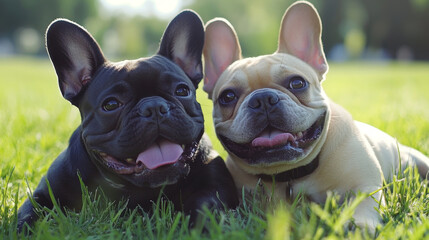 Fototapeta premium Two French Bulldogs play in the grass. --ar 16:9 --v 6.1 Job ID: 35f50dcf-932a-408a-b6cb-4d66c9c7205e