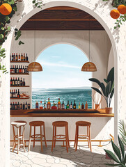 Mediterranean inspired bar with ample copy space captures a serene ambiance, blending coastal charm. Generative ai.