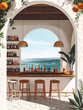 Mediterranean inspired bar with ample copy space captures a serene ambiance, blending coastal charm. Generative ai.
