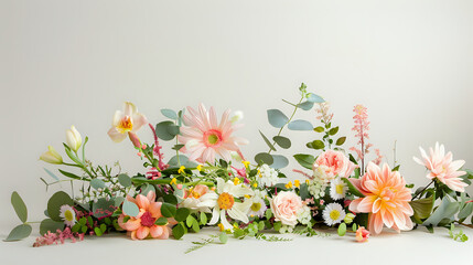 A bouquet of flowers is arranged in a row on a white background