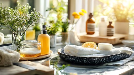 A studio-lit photo of cleanser on an elegant marble countertop, bringing out the importance of wellness routines.