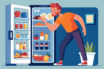 Hungry man opens a refrigerator full of food and drinks in order to have a snack or take food for cooking
