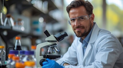 Scientist examining samples with a microscope in a laboratory during daylight