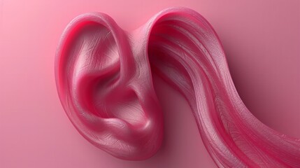 Close-up of an ear with detailed texture, set against a soft pink background.
