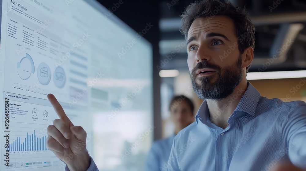 Poster professional man presenting data insights on a screen in an office setting, emphasizing teamwork and