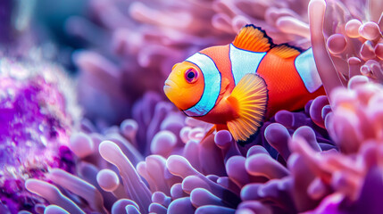 Obraz premium Vibrant clownfish with their anemone hideouts, captured in an underwater snapshot. --ar 16:9 --v 6.1 Job ID: c72154a5-d2cd-4900-9f20-ecf2d7ac0324
