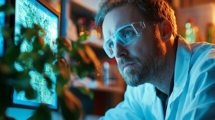Fototapeta premium A focused scientist analyzes data on a computer screen in a lab, with plants adding a touch of nature to the environment.