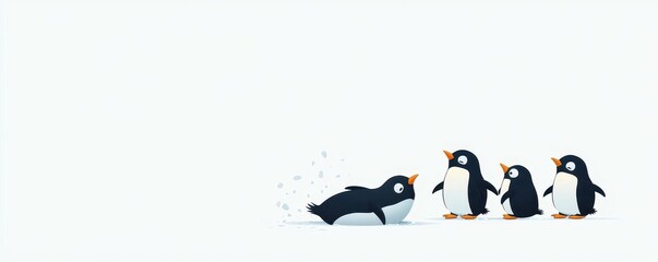 A clumsy penguin slipping on ice, sliding into a group of fellow penguins, causing a playful pile up