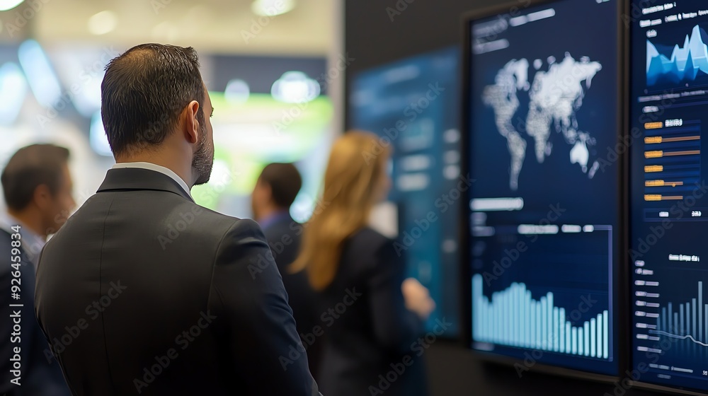 Aufkleber a group of professionals analyzing data on large screens at a conference, focusing on market trends 