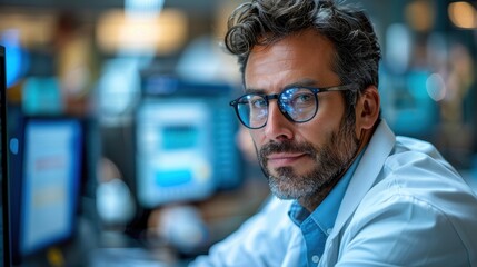 Scientist working in a laboratory with computers during evening hours